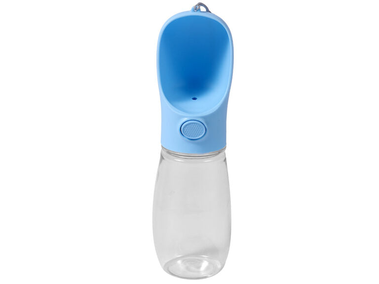 Botella de agua portátil para mascotas color azul con dispensador tipo tazón integrado y mosquetón